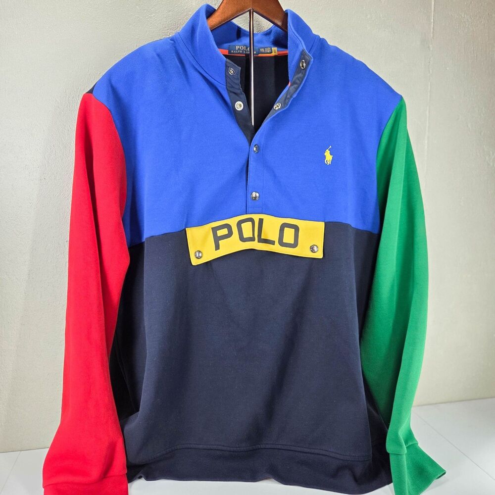 VTG Y2K Polo Ralph Lauren Colorblock Yellow Patch Snap Mock Neck Pullover Sz XXL